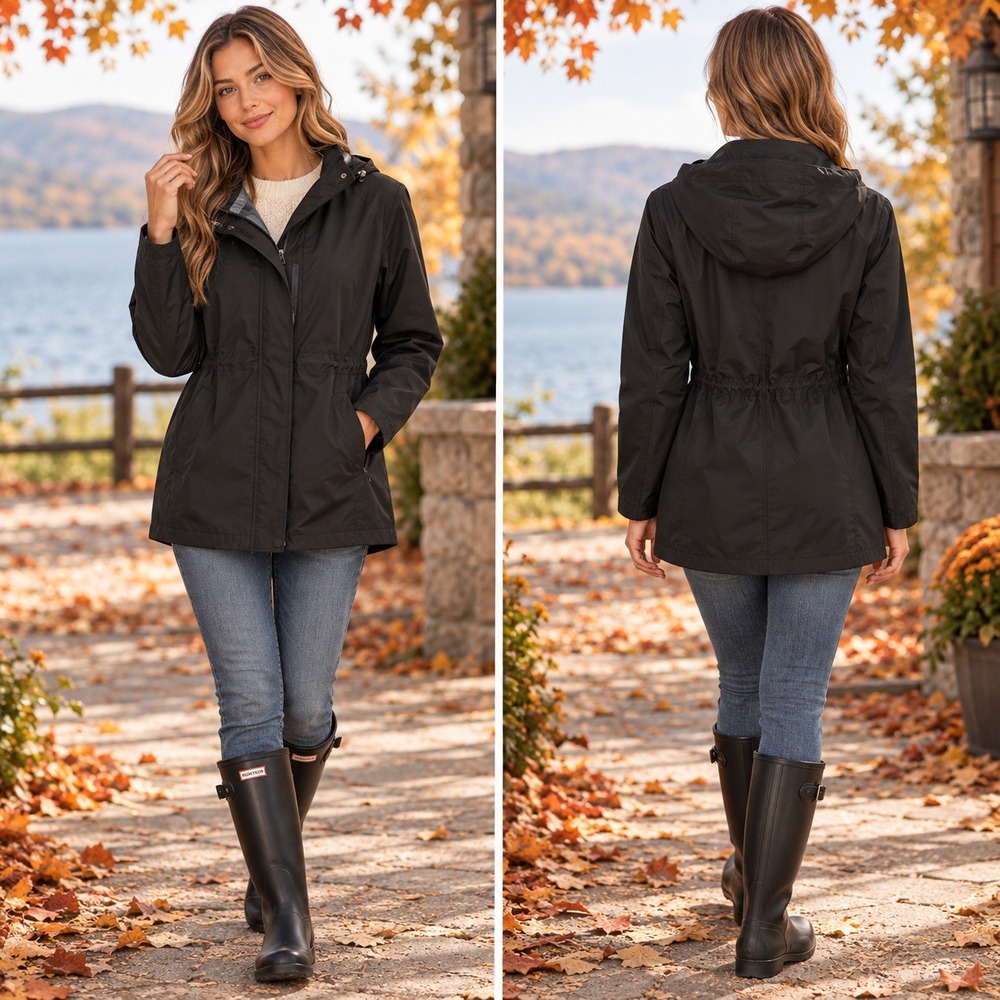 Lands End Hooded Rain Jacket Black Drawstring Waist Gorpcore Tall M/T 10-12 NEW